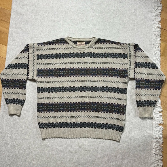 VTG 90s Woolrich Men’s Beige Burgundy Fair Isle Cotton Crewneck Sweater L - Picture 2 of 8